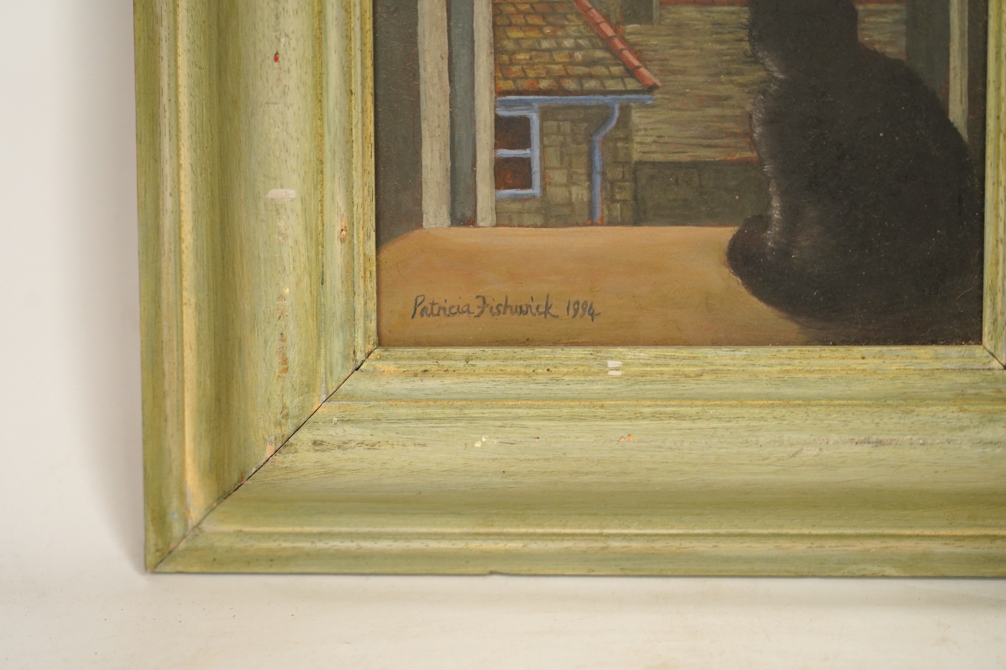 Patricia Fishwick (b.1929), oil on board, Study of a cat before a window, signed and dated 1994, 21.5 x 16.5cm. Condition - fair to good